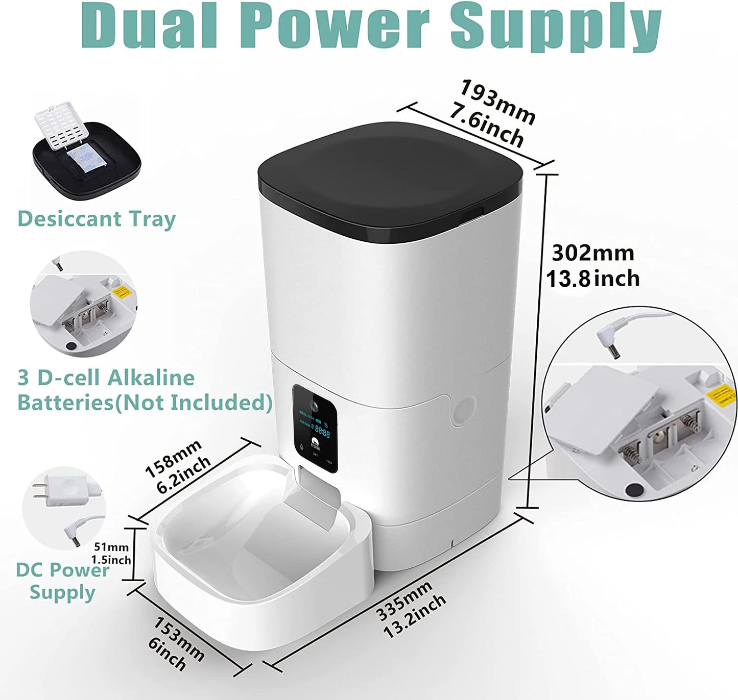Automatic 6L Pet Feeder with 1080P Camera, App Control, Voice Recorder, and Timed Feeding for Cats and Dogs, Dual Power Supply, Wifi Enabled