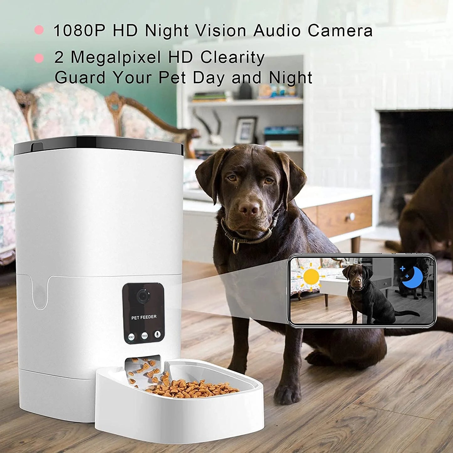 Automatic 6L Pet Feeder with 1080P Camera, App Control, Voice Recorder, and Timed Feeding for Cats and Dogs, Dual Power Supply, Wifi Enabled