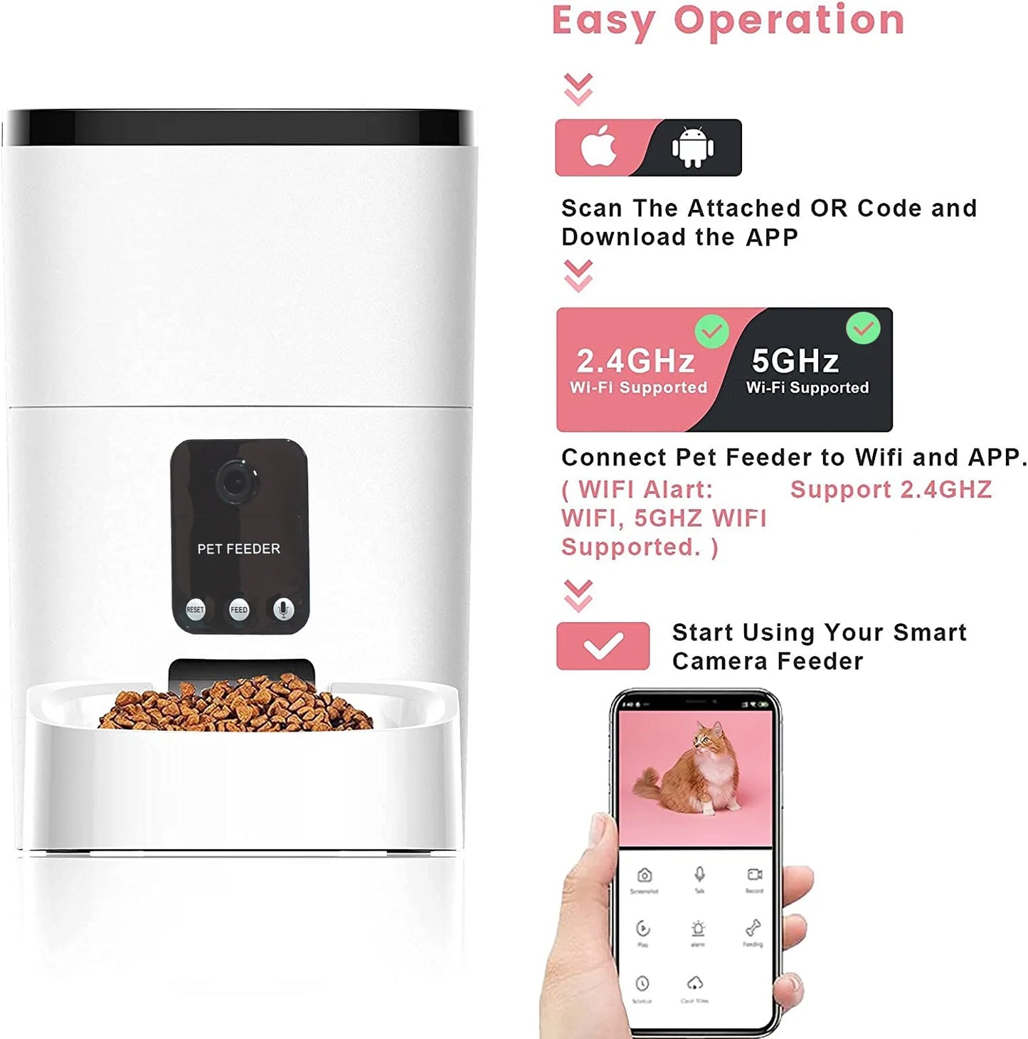 Automatic 6L Pet Feeder with 1080P Camera, App Control, Voice Recorder, and Timed Feeding for Cats and Dogs, Dual Power Supply, Wifi Enabled