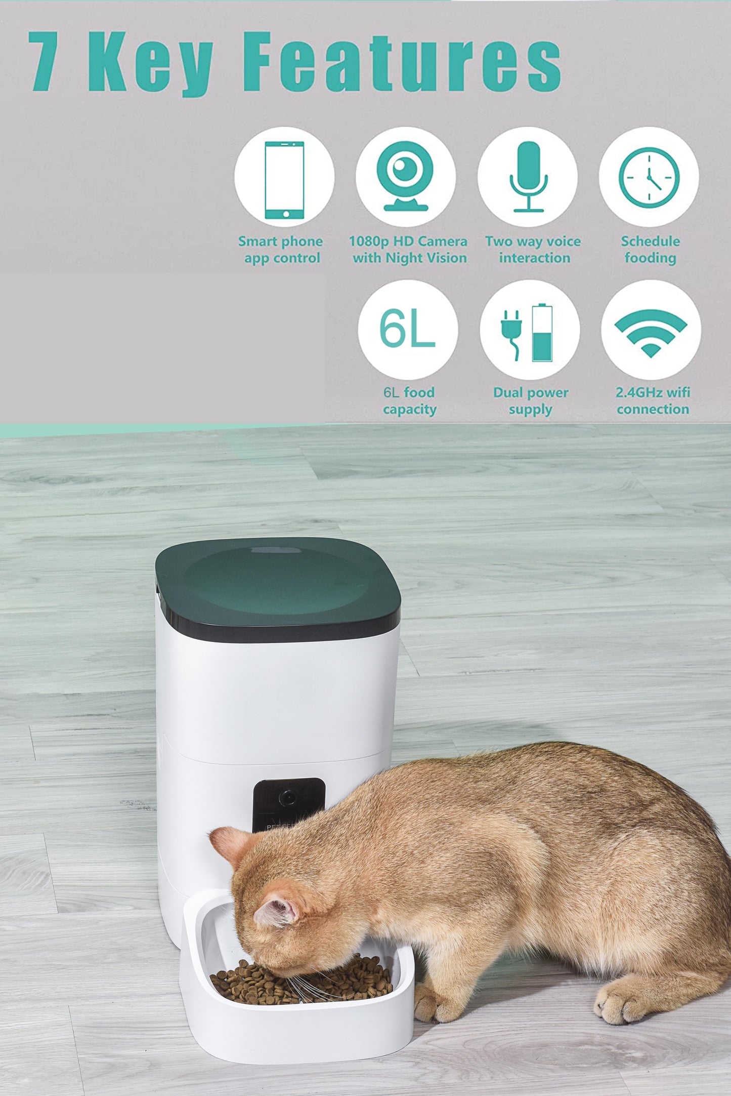 Automatic 6L Pet Feeder with 1080P Camera, App Control, Voice Recorder, and Timed Feeding for Cats and Dogs, Dual Power Supply, Wifi Enabled