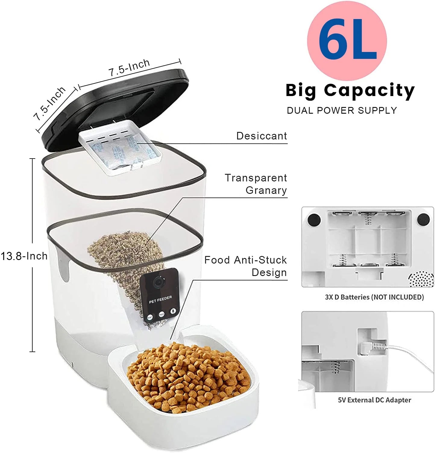 Automatic 6L Pet Feeder with 1080P Camera, App Control, Voice Recorder, and Timed Feeding for Cats and Dogs, Dual Power Supply, Wifi Enabled