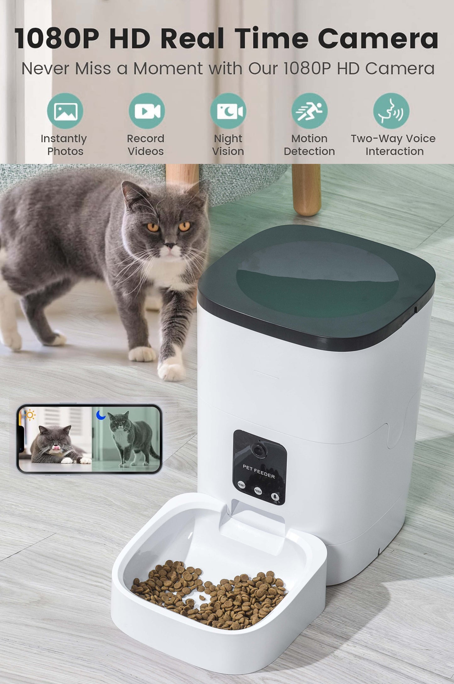 Automatic 6L Pet Feeder with 1080P Camera, App Control, Voice Recorder, and Timed Feeding for Cats and Dogs, Dual Power Supply, Wifi Enabled