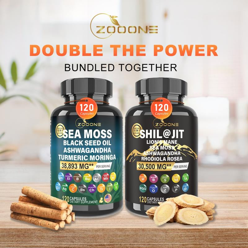 ZOOONE 120 Capsules Sea Moss and Shilajit Bundle - Sea Moss 14000Mg, Black Seed Oil 8000Mg, Ashwagandha 4000Mg, Ginger & Shilajit 18000Mg, Rhodiola Rosea 2000Mg, All in 1 Supplements (1 Pack)