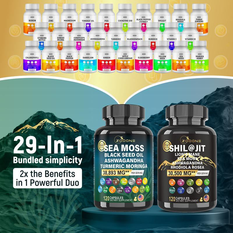 ZOOONE 120 Capsules Sea Moss and Shilajit Bundle - Sea Moss 14000Mg, Black Seed Oil 8000Mg, Ashwagandha 4000Mg, Ginger & Shilajit 18000Mg, Rhodiola Rosea 2000Mg, All in 1 Supplements (1 Pack)