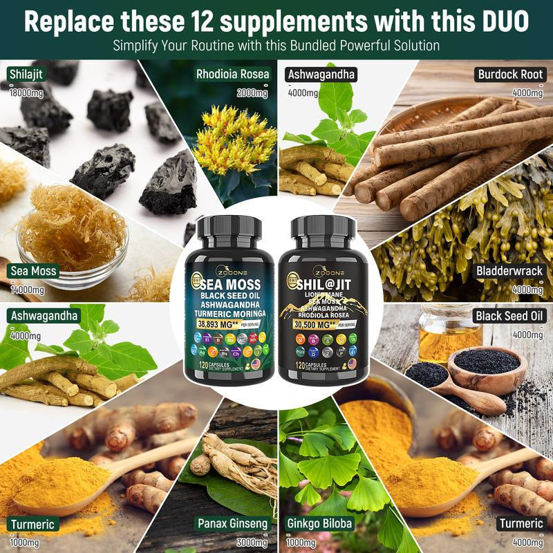 ZOOONE 120 Capsules Sea Moss and Shilajit Bundle - Sea Moss 14000Mg, Black Seed Oil 8000Mg, Ashwagandha 4000Mg, Ginger & Shilajit 18000Mg, Rhodiola Rosea 2000Mg, All in 1 Supplements (1 Pack)