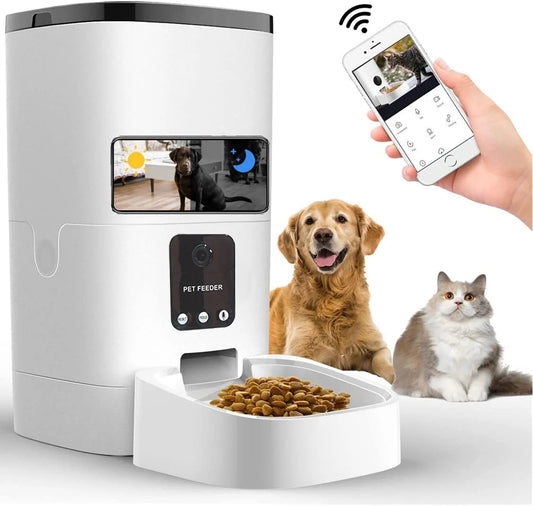 Automatic 6L Pet Feeder with 1080P Camera, App Control, Voice Recorder, and Timed Feeding for Cats and Dogs, Dual Power Supply, Wifi Enabled