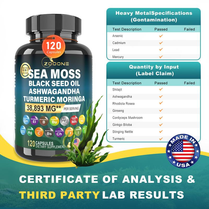 ZOOONE 120 Capsules Sea Moss and Shilajit Bundle - Sea Moss 14000Mg, Black Seed Oil 8000Mg, Ashwagandha 4000Mg, Ginger & Shilajit 18000Mg, Rhodiola Rosea 2000Mg, All in 1 Supplements (1 Pack)