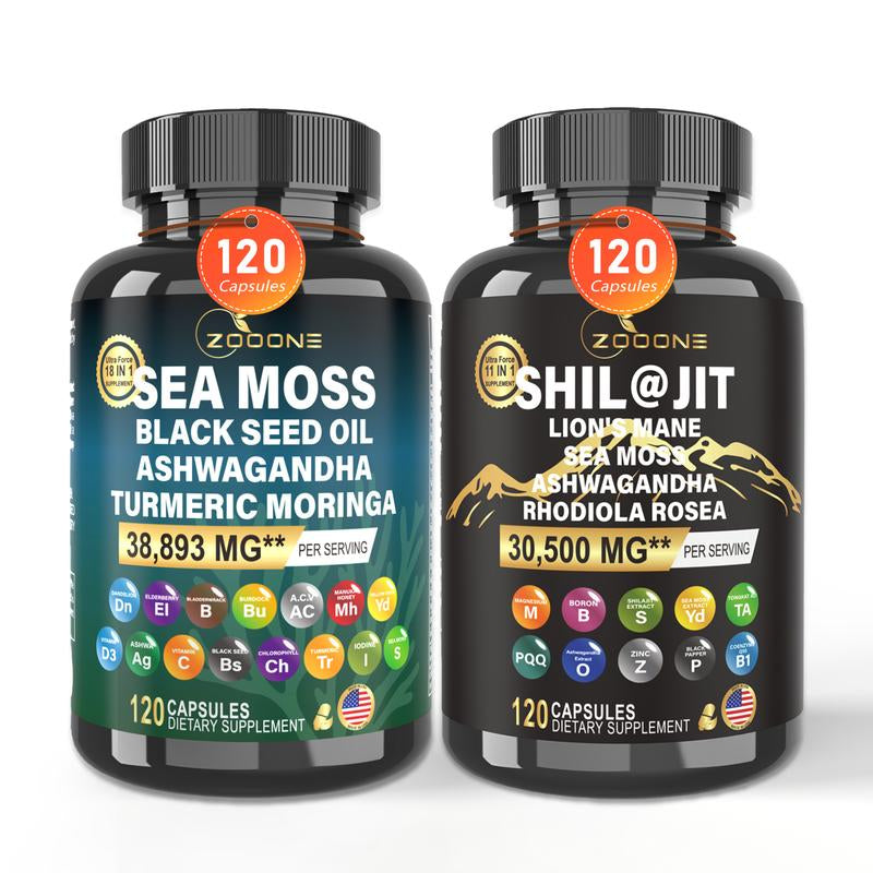 ZOOONE 120 Capsules Sea Moss and Shilajit Bundle - Sea Moss 14000Mg, Black Seed Oil 8000Mg, Ashwagandha 4000Mg, Ginger & Shilajit 18000Mg, Rhodiola Rosea 2000Mg, All in 1 Supplements (1 Pack)